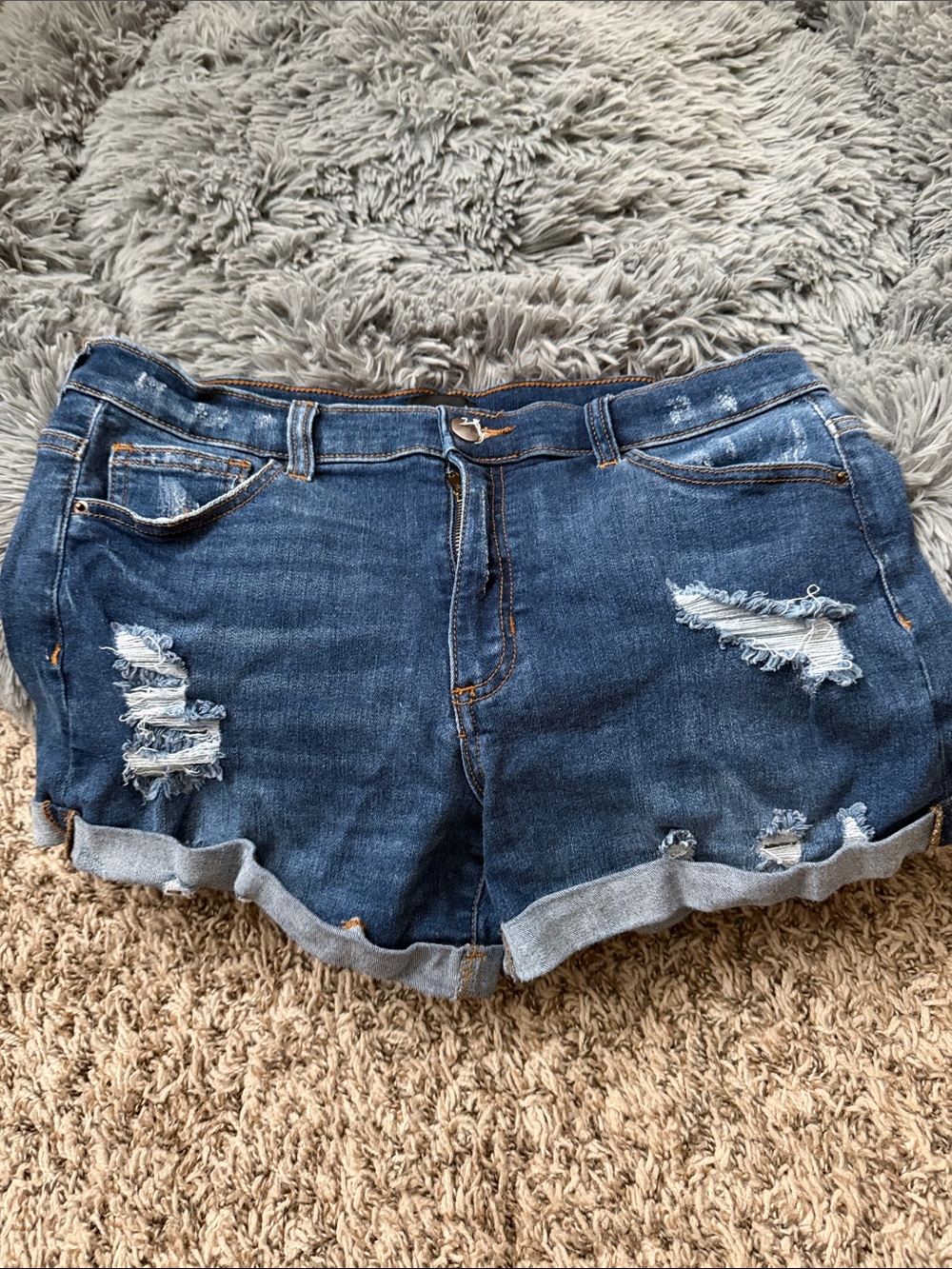 Distressed Dark Blue Denim Roll-Hem Shorts